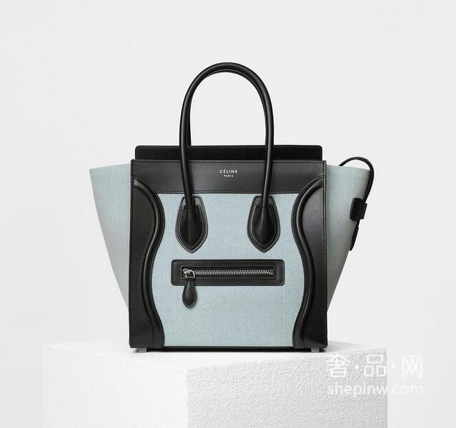 Celine 赛琳 Micro Luggage矿石蓝织物面料和黑色光滑小牛皮手提袋