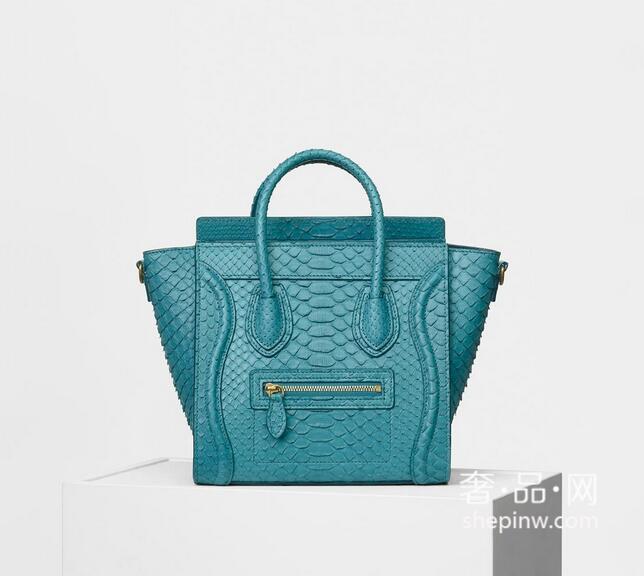 2017夏季新款 Celine 赛琳Nano Luggage蓝绿色蟒蛇皮肩背包