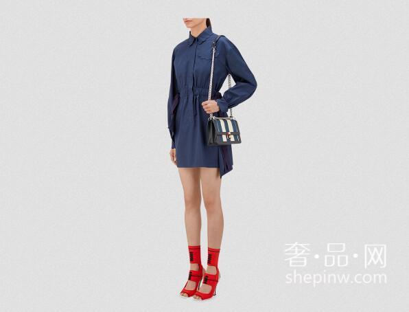 芬迪Fendi KanI系列手袋MINI 时装秀款 蓝白条纹 午夜蓝皮革镶边
