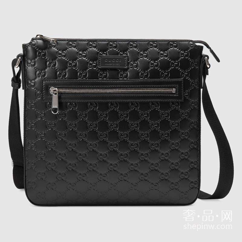 Gucci Signature 真皮邮差包406408 CWCBN 1000 热压GG黑色真皮