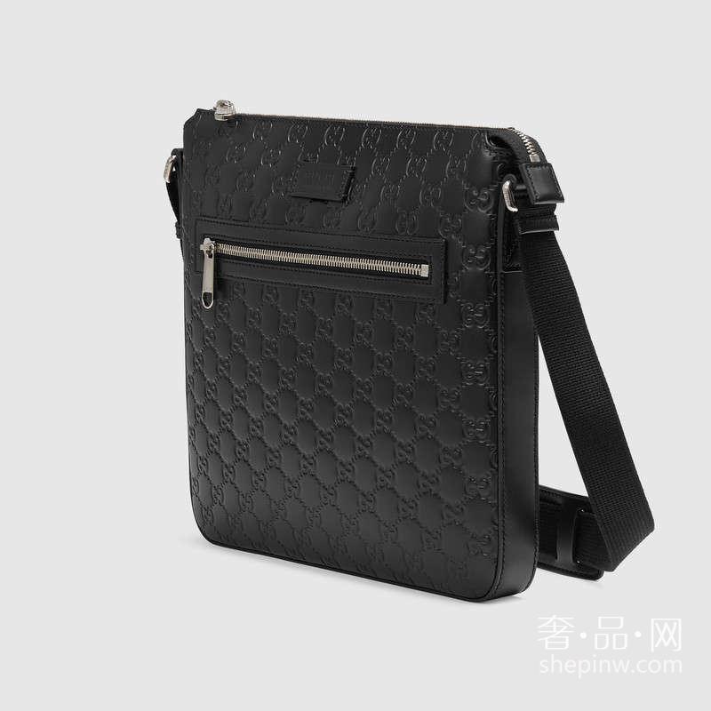 Gucci Signature 真皮邮差包406408 CWCBN 1000 热压GG黑色真皮