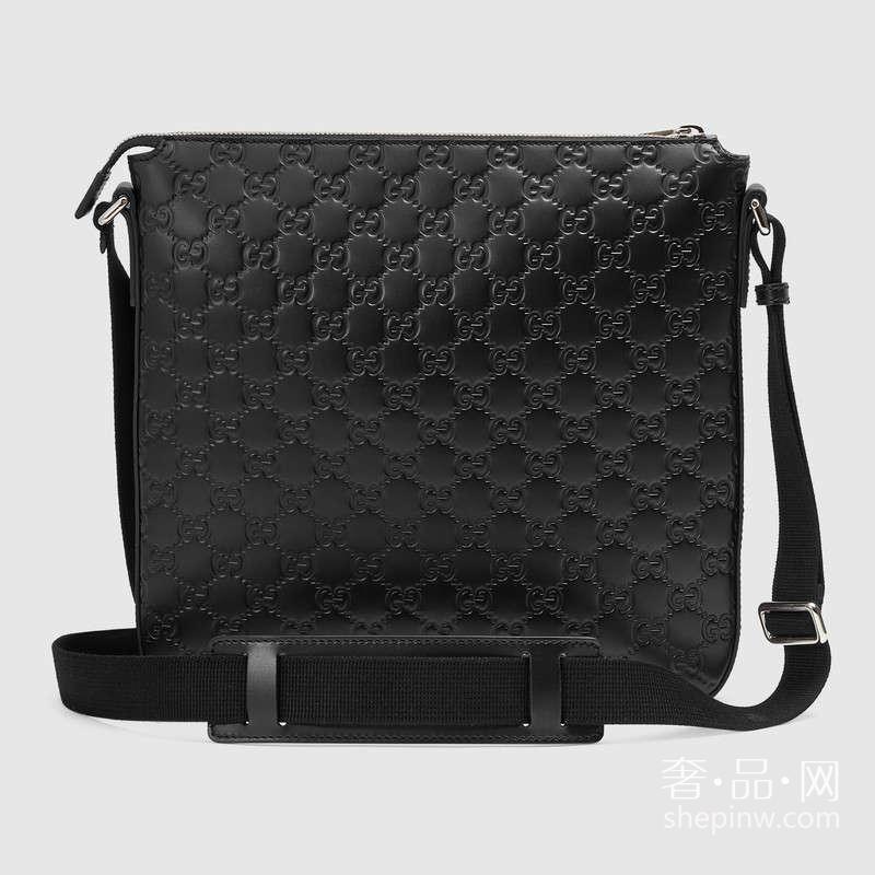 Gucci Signature 真皮邮差包406408 CWCBN 1000 热压GG黑色真皮