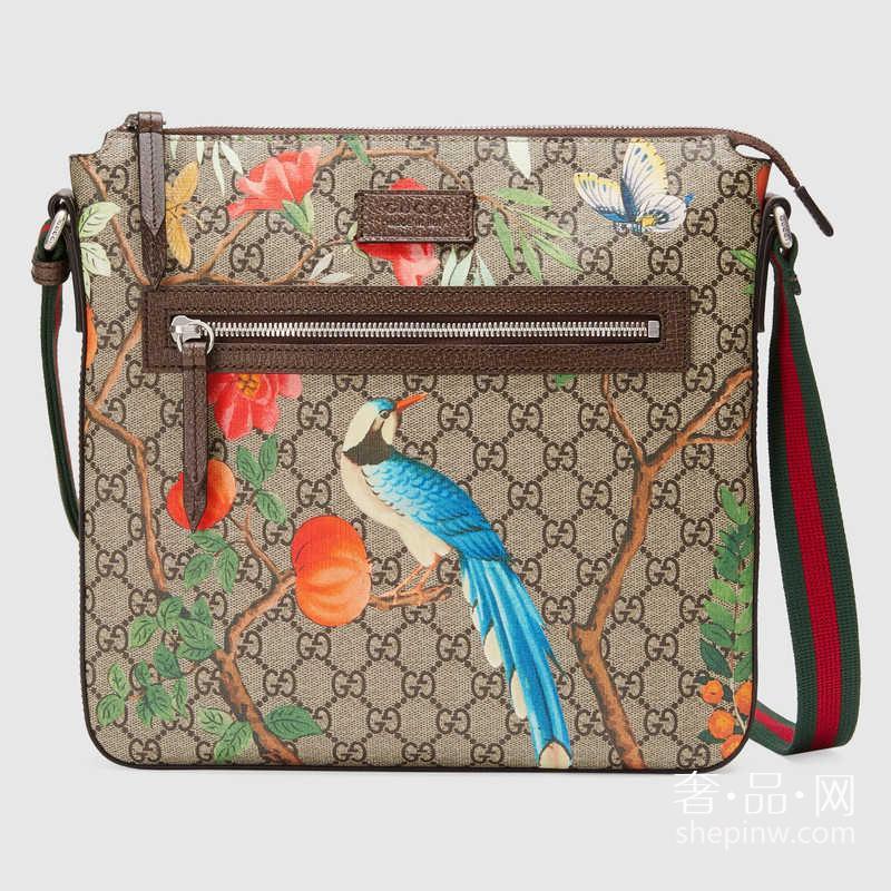 Gucci Tian GG高级人造革邮差包中号406408 K0L6N 8685花卉鸟类图案