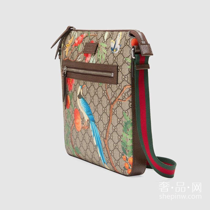 Gucci Tian GG高级人造革邮差包中号406408 K0L6N 8685花卉鸟类图案