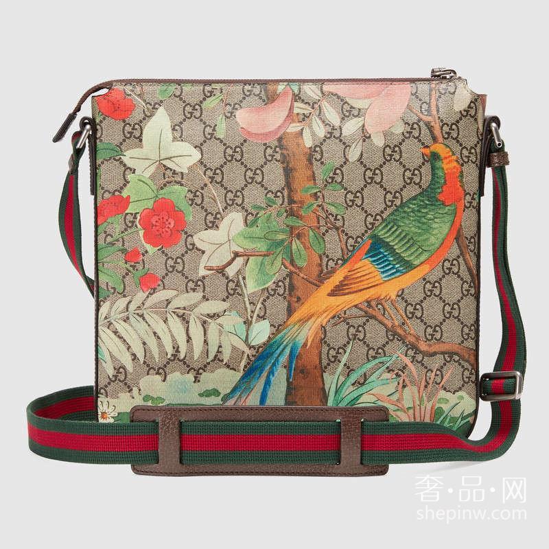 Gucci Tian GG高级人造革邮差包中号406408 K0L6N 8685花卉鸟类图案