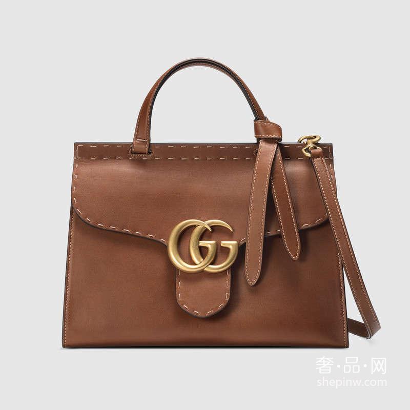 Gucci GG Marmont 棕色皮革双 G手提包421890 CWJ0T 2535