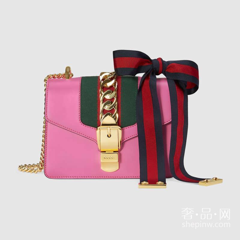 Gucci Sylvie 迷你链条手袋431666 CVLEG 5660 粉色真皮女包