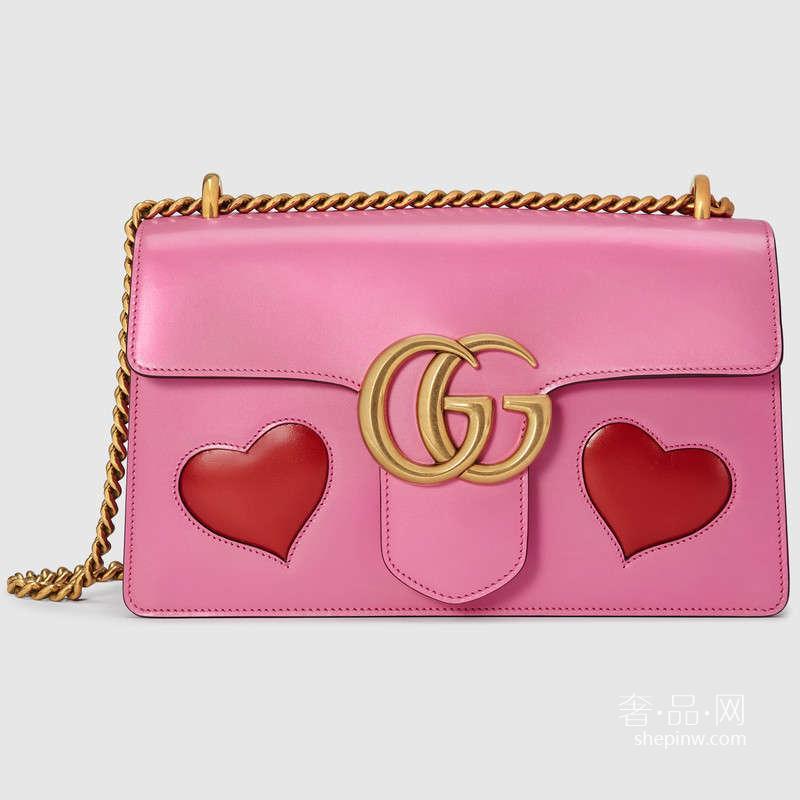 Gucci 431777 CDZIT 5665中号GG Marmont肩背包粉色镶红心