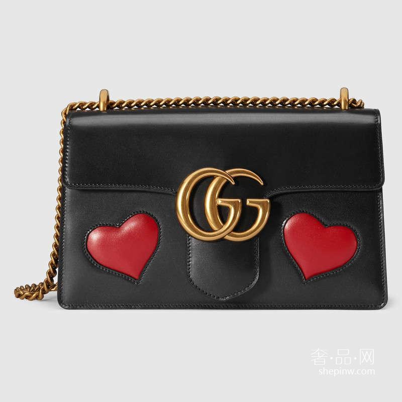 Gucci 431777 CDZIT8482中号GG Marmont真皮镶红心链带肩背包