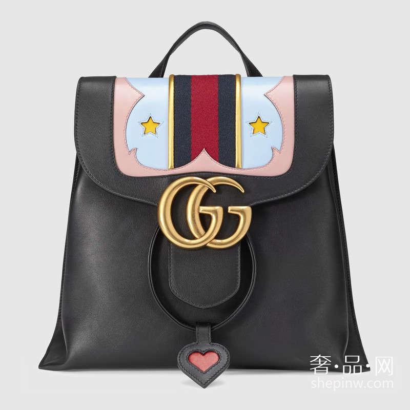 Gucci GG Marmont 真皮双肩背包432265 DLXMT 8767 黑配粉和蓝色