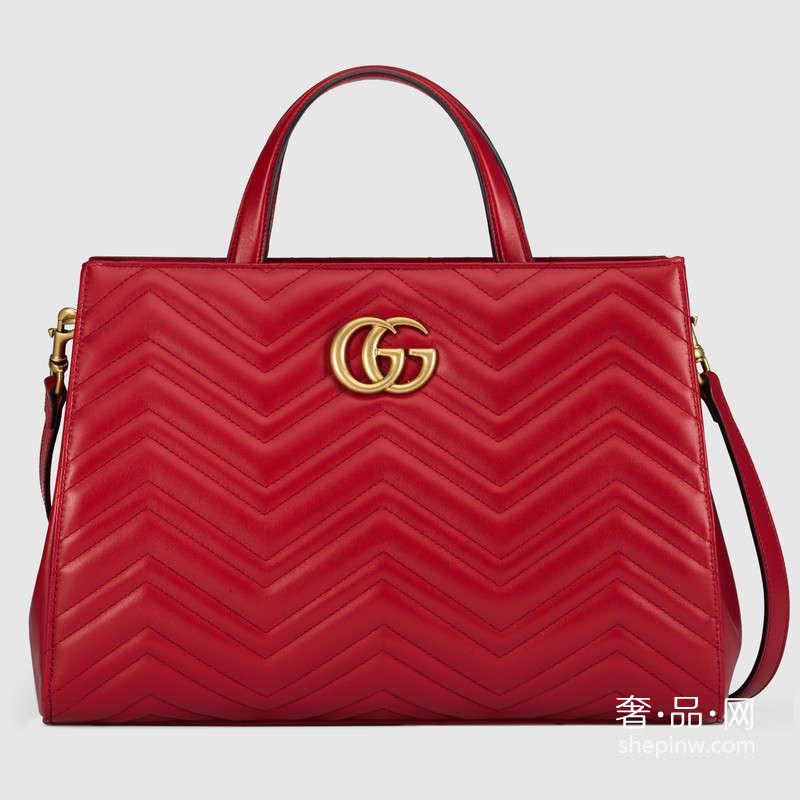 Gucci GG Marmont 绗缝手提包443505 DTD1T 6433芙蓉红