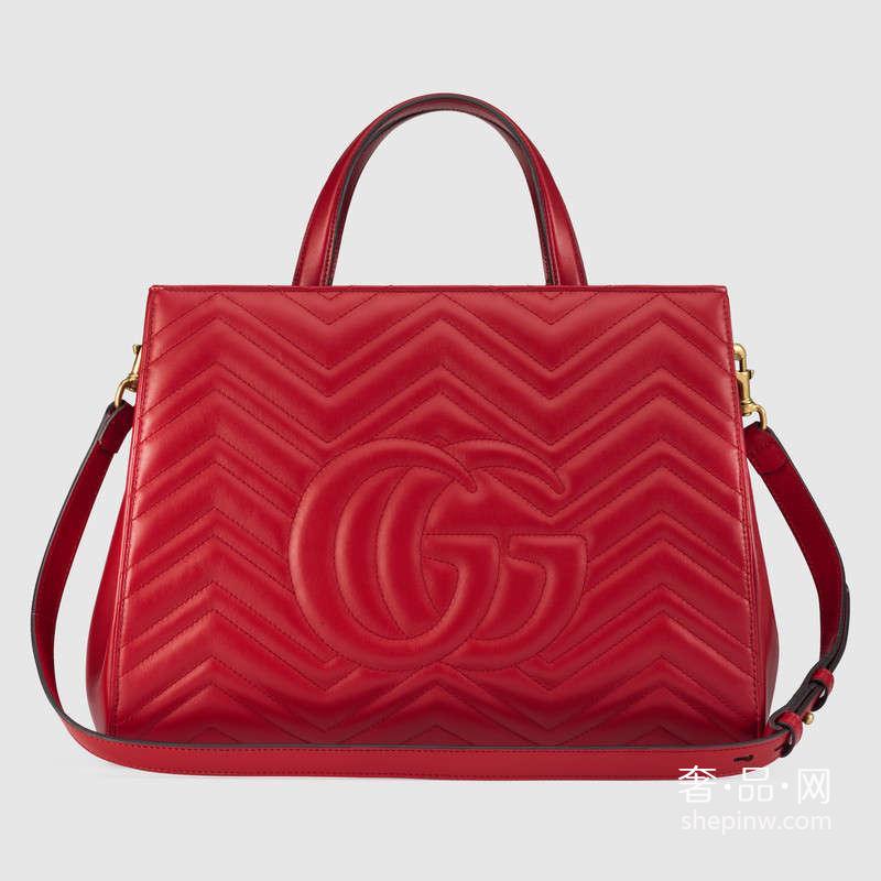 Gucci GG Marmont 绗缝手提包443505 DTD1T 6433芙蓉红