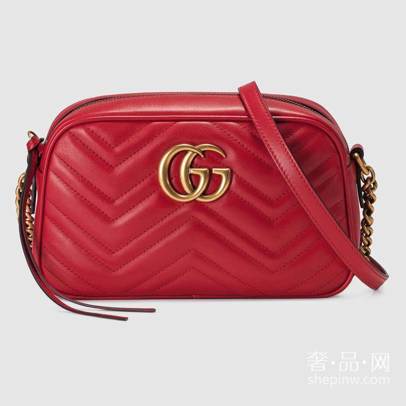 Gucci GG Marmont 绗缝肩背包447632 DRW1T 6433中号芙蓉红波浪纹