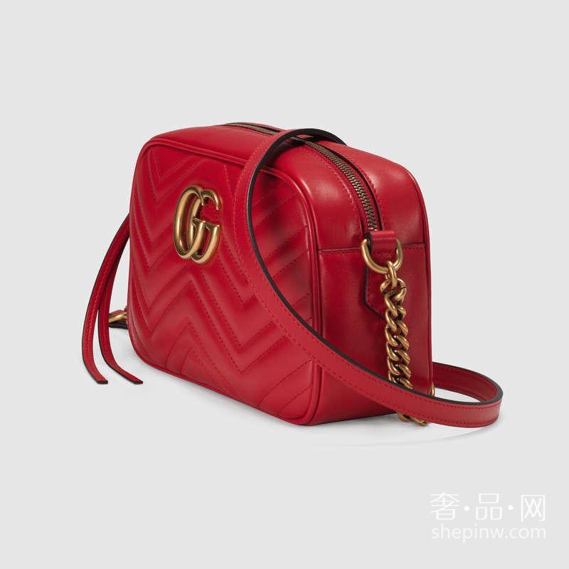 Gucci GG Marmont 绗缝肩背包447632 DRW1T 6433中号芙蓉红波浪纹