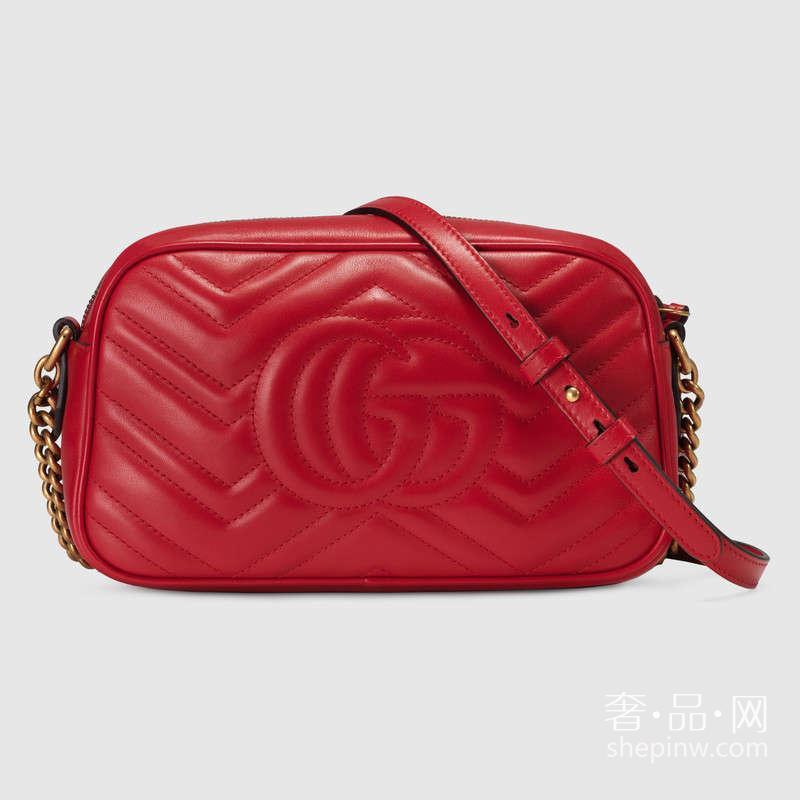 Gucci GG Marmont 绗缝肩背包447632 DRW1T 6433中号芙蓉红波浪纹