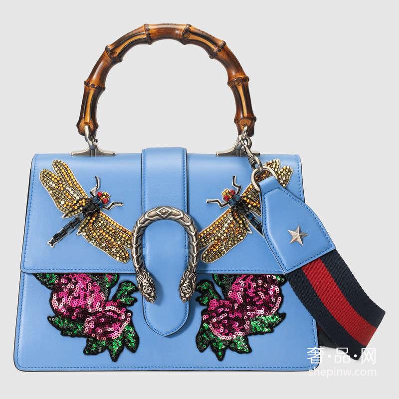 Gucci Dionysus手提包448075 DUX9N 4374浅蓝配蜻蜓玫瑰贴花刺绣