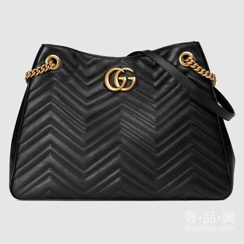 Gucci GG Marmont 453569 DRW1T 1000 中号黑色绗缝人形花纹肩背包