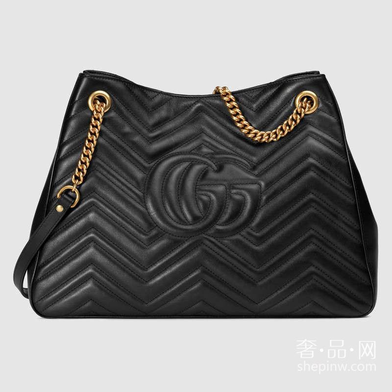 Gucci GG Marmont 453569 DRW1T 1000 中号黑色绗缝人形花纹肩背包