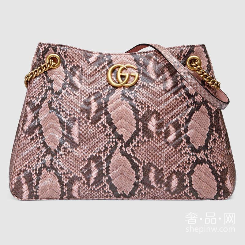 Gucci GG Marmont浅粉色绗缝蟒蛇皮手提包453569 LJCKT 5909中号