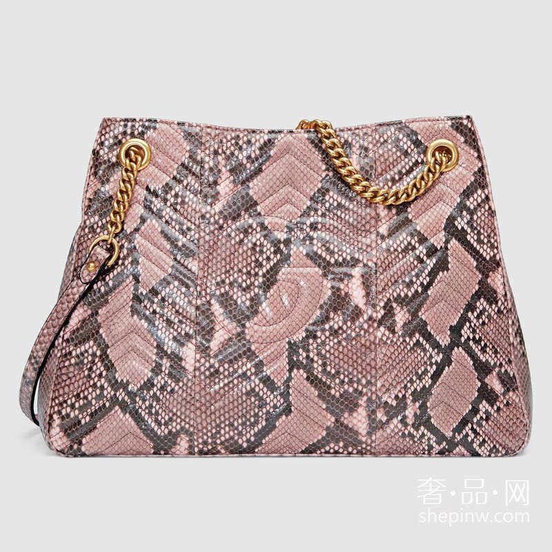 Gucci GG Marmont浅粉色绗缝蟒蛇皮手提包453569 LJCKT 5909中号