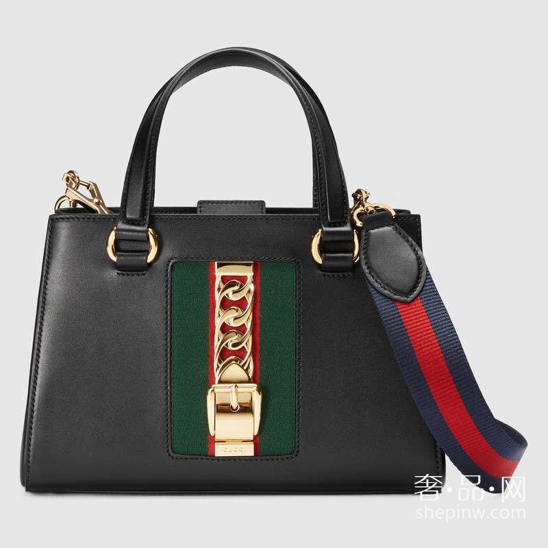 Gucci Sylvie真皮手提包 460381 DSVKG 8638 镶饰Gucci织带