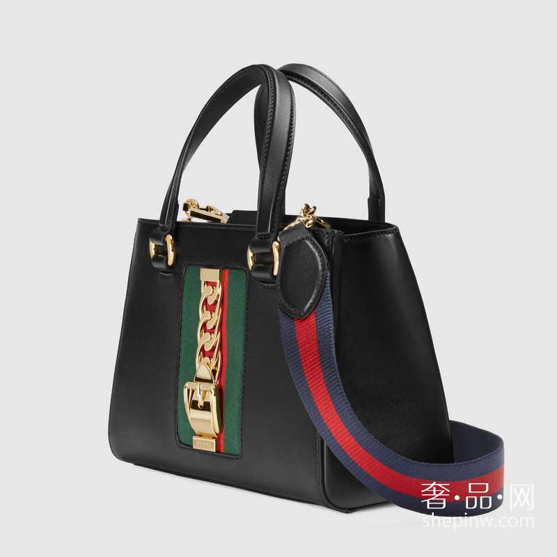 Gucci Sylvie真皮手提包 460381 DSVKG 8638 镶饰Gucci织带