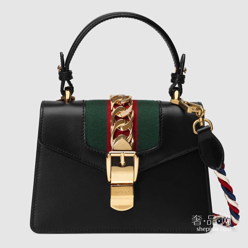 Gucci Sylvie黑色真皮迷你手袋 470270 D4ZAG 8015 绿红尼龙织带