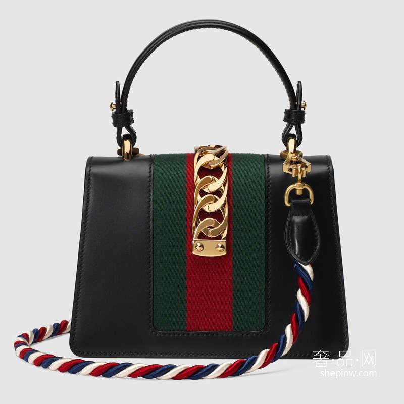 Gucci Sylvie黑色真皮迷你手袋 470270 D4ZAG 8015 绿红尼龙织带