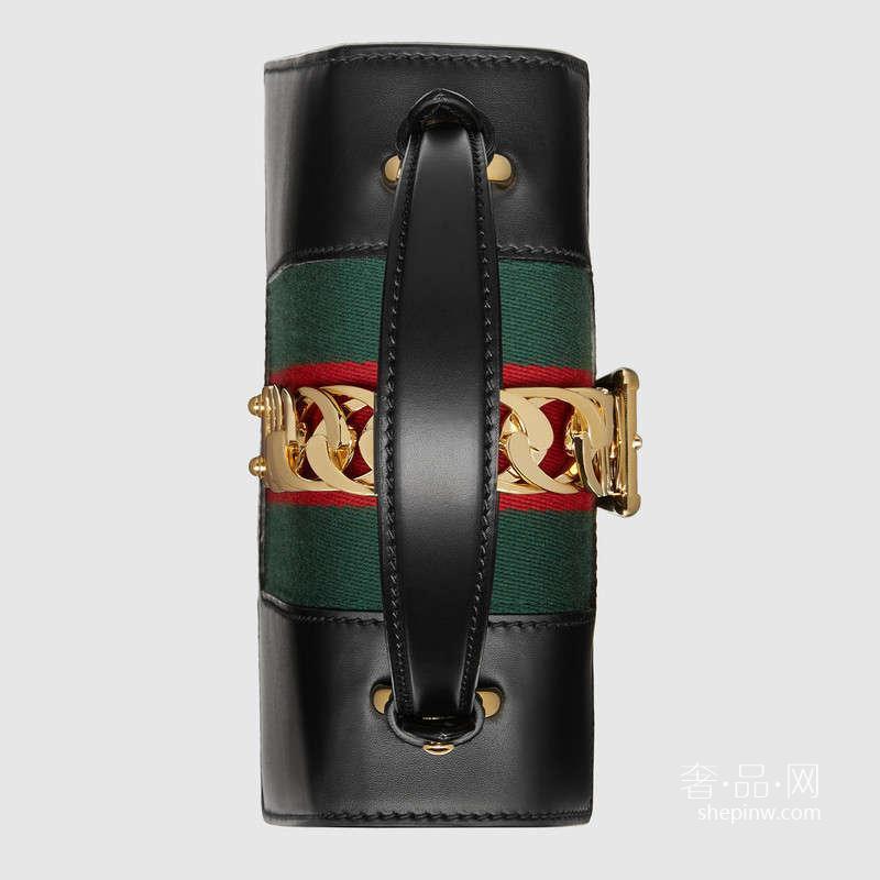 Gucci Sylvie黑色真皮迷你手袋 470270 D4ZAG 8015 绿红尼龙织带