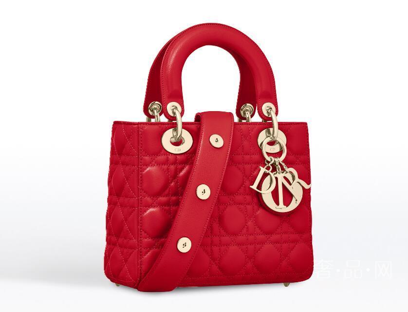 Dior迪奥LADY DIOR”鲜红色藤格纹小羊皮手提包 幸运徽章肩背带