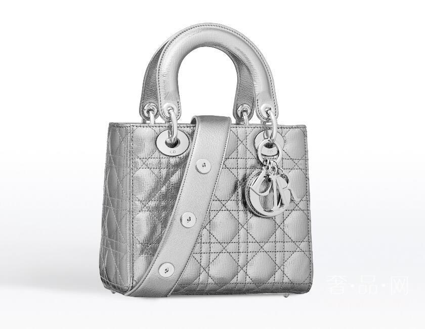 迪奥“Lady Dior”银色粒面触感皮革手提包 “Cannage”藤格纹缝线