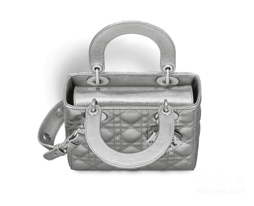 迪奥“Lady Dior”银色粒面触感皮革手提包 “Cannage”藤格纹缝线