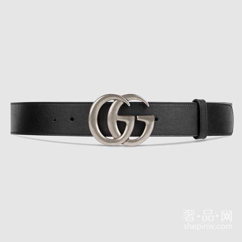 Gucci 黑色真皮腰带 双 G 带扣款 397660 AP00N 1000  钯色金属