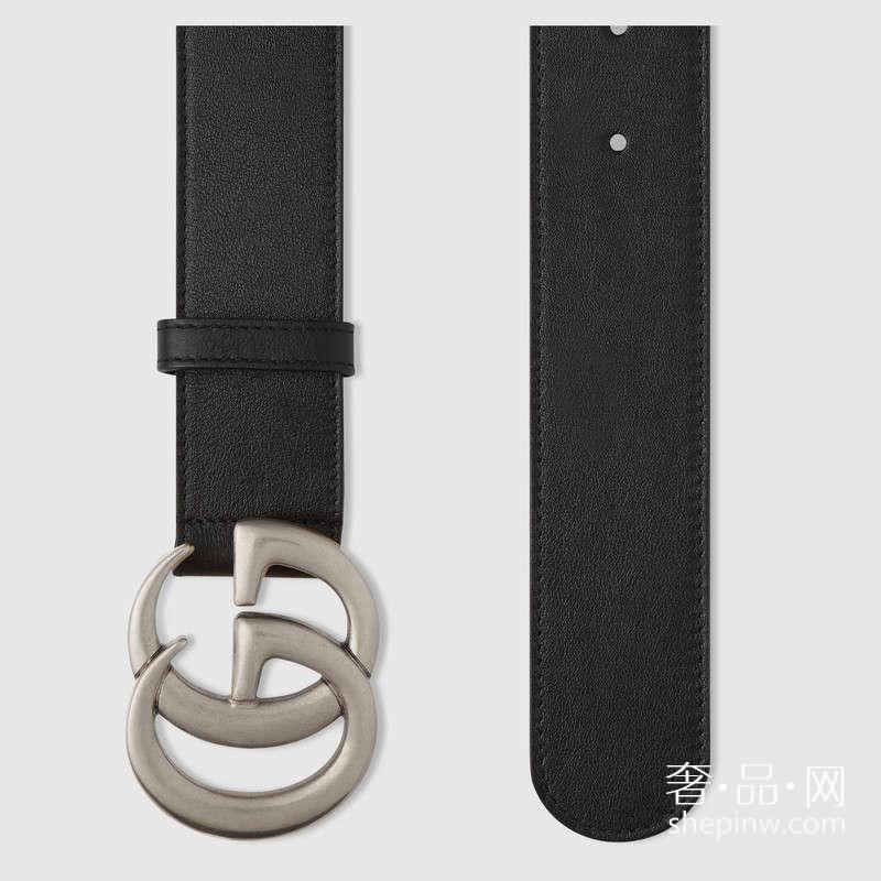 Gucci 黑色真皮腰带 双 G 带扣款 397660 AP00N 1000  钯色金属