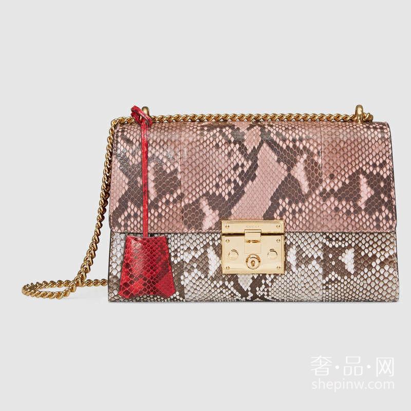 Gucci古驰 中号Padlock芙蓉红蟒蛇皮肩背包409486 LJCAG 5967浅粉色