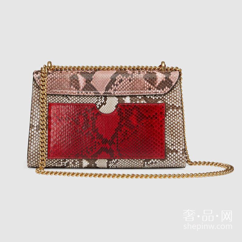 Gucci古驰 中号Padlock芙蓉红蟒蛇皮肩背包409486 LJCAG 5967浅粉色