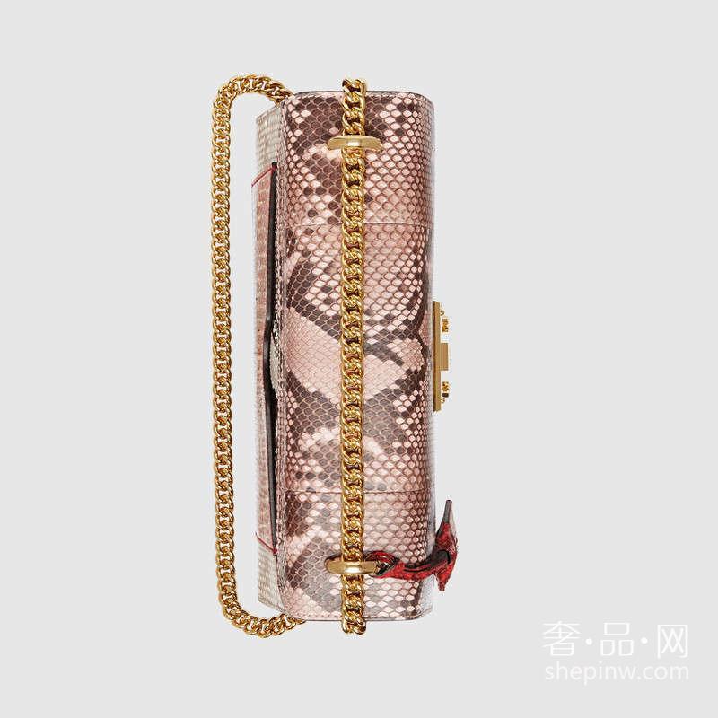 Gucci古驰 中号Padlock芙蓉红蟒蛇皮肩背包409486 LJCAG 5967浅粉色