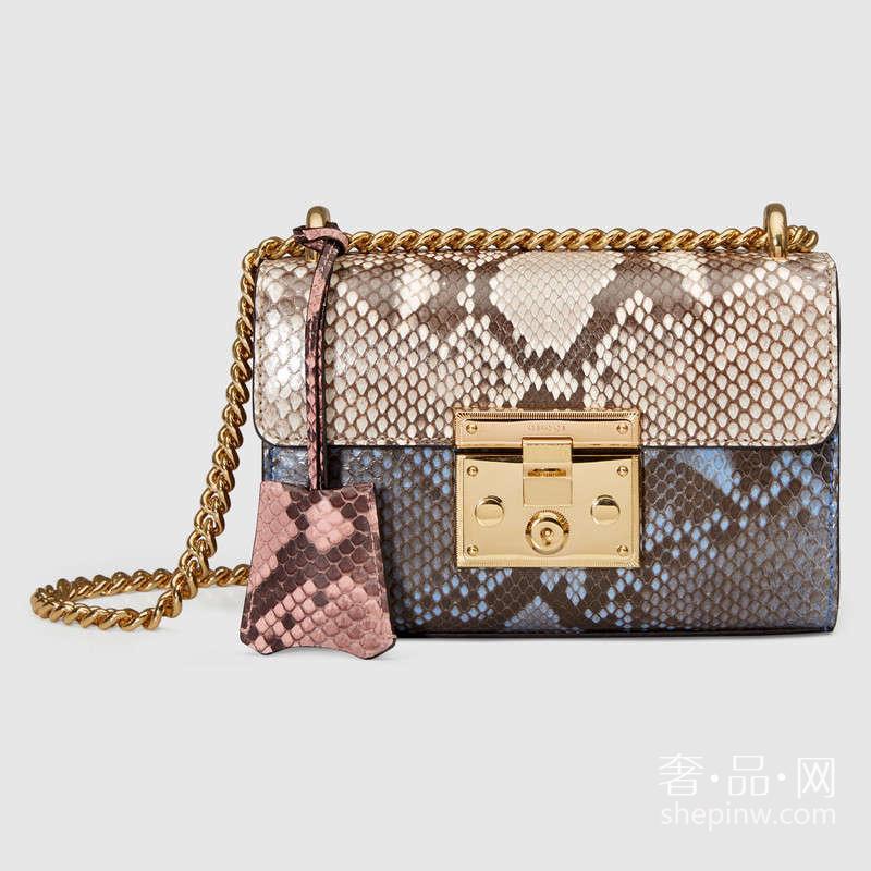 Gucci古驰 小号Padlock蟒蛇皮肩背包 409487 LJCAG 9694浅蓝色