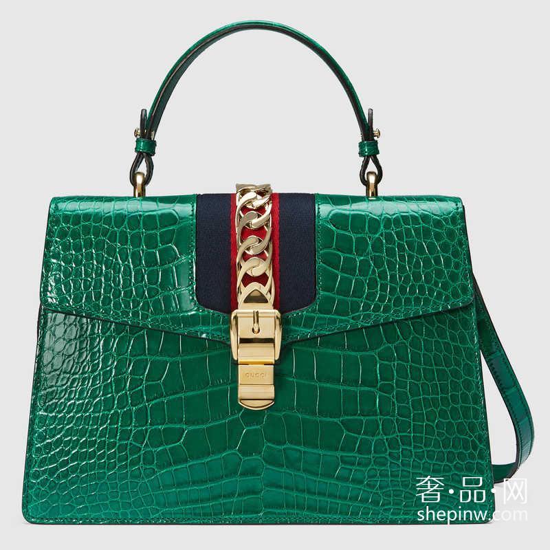 Gucci Sylvie 绿色鳄鱼手提包431665 EV4CG 3160