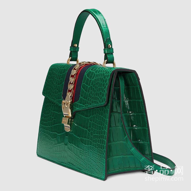 Gucci Sylvie 绿色鳄鱼手提包431665 EV4CG 3160