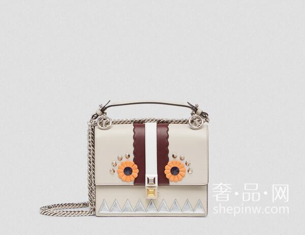 芬迪Fendi Kan I手袋Mini 粉灰色小牛皮迷你手袋 Fendi Faces图案