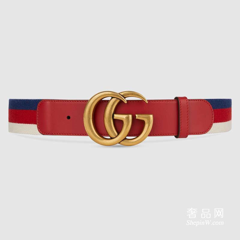 Gucci皮带双G带扣Sylvie蓝红色织带腰带409416 HE2MT 9199