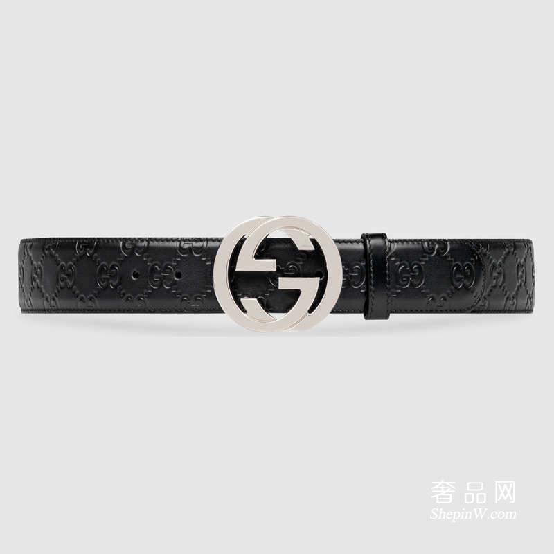 古驰皮带 Gucci 黑色Signature皮带 双G带扣 411924 CWC1N 1000