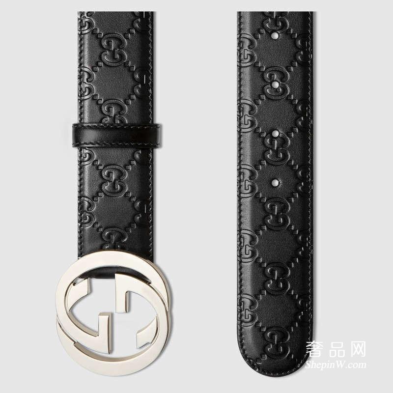 古驰皮带 Gucci 黑色Signature皮带 双G带扣 411924 CWC1N 1000