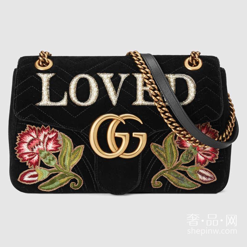 Gucci GG Marmont刺绣天鹅绒Loved肩背包 443496 K4DLT 1093