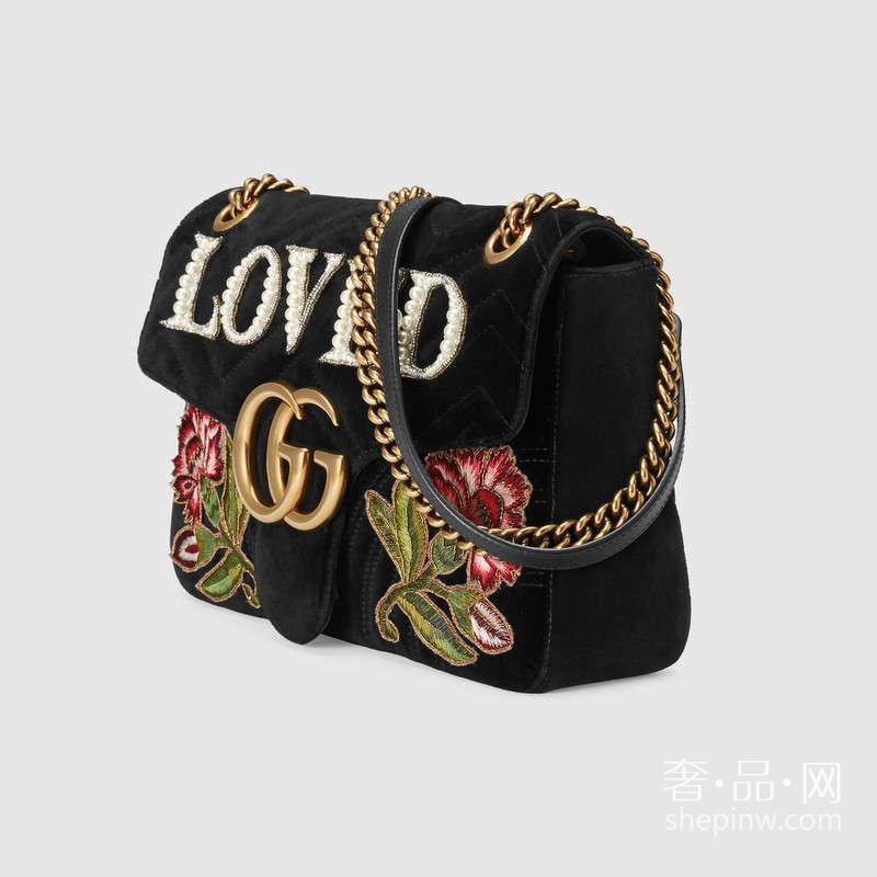 Gucci GG Marmont刺绣天鹅绒Loved肩背包 443496 K4DLT 1093