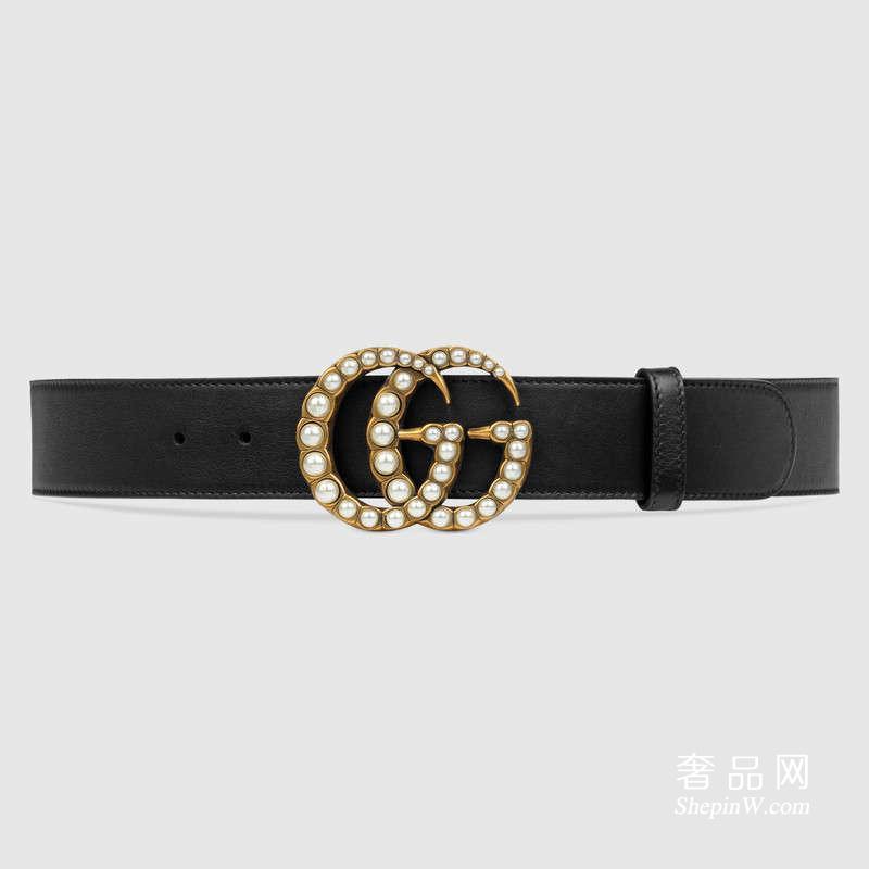 Gucci 珍珠双G黑色真皮腰带453260 DLX1T 9094