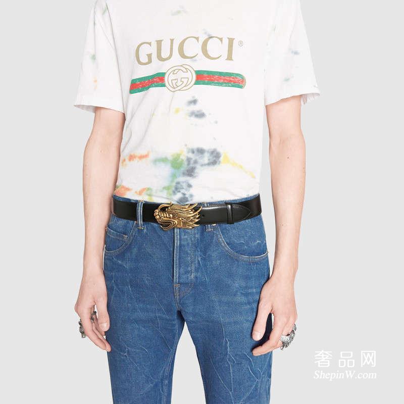 Gucci腰带 黄铜金属龙形带扣黑色真皮皮带458952 DT90T 1000