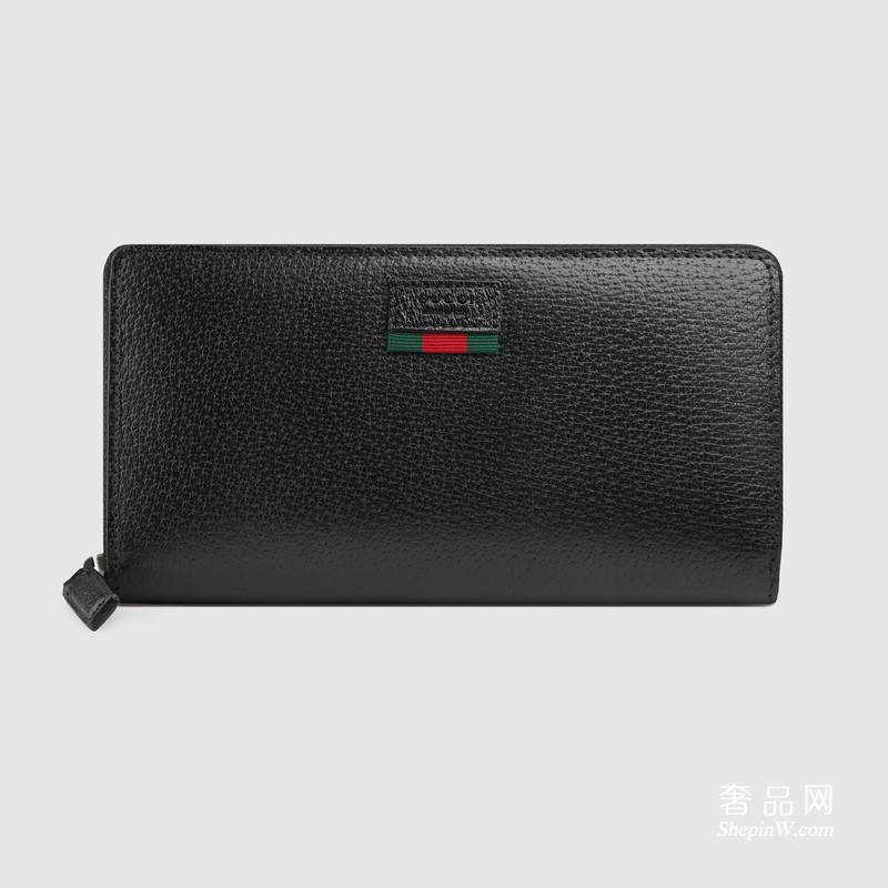 Gucci钱包 黑色真皮全拉链式织带皮夹435298 DJ21T 1060