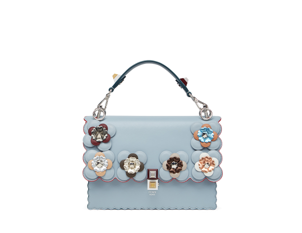 芬迪Fendi KAN I手袋中号 粉蓝色小牛皮手袋 转锁开合